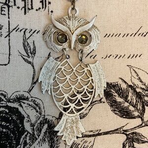 Distressed Owl Necklace Articulated Metal White & Brown